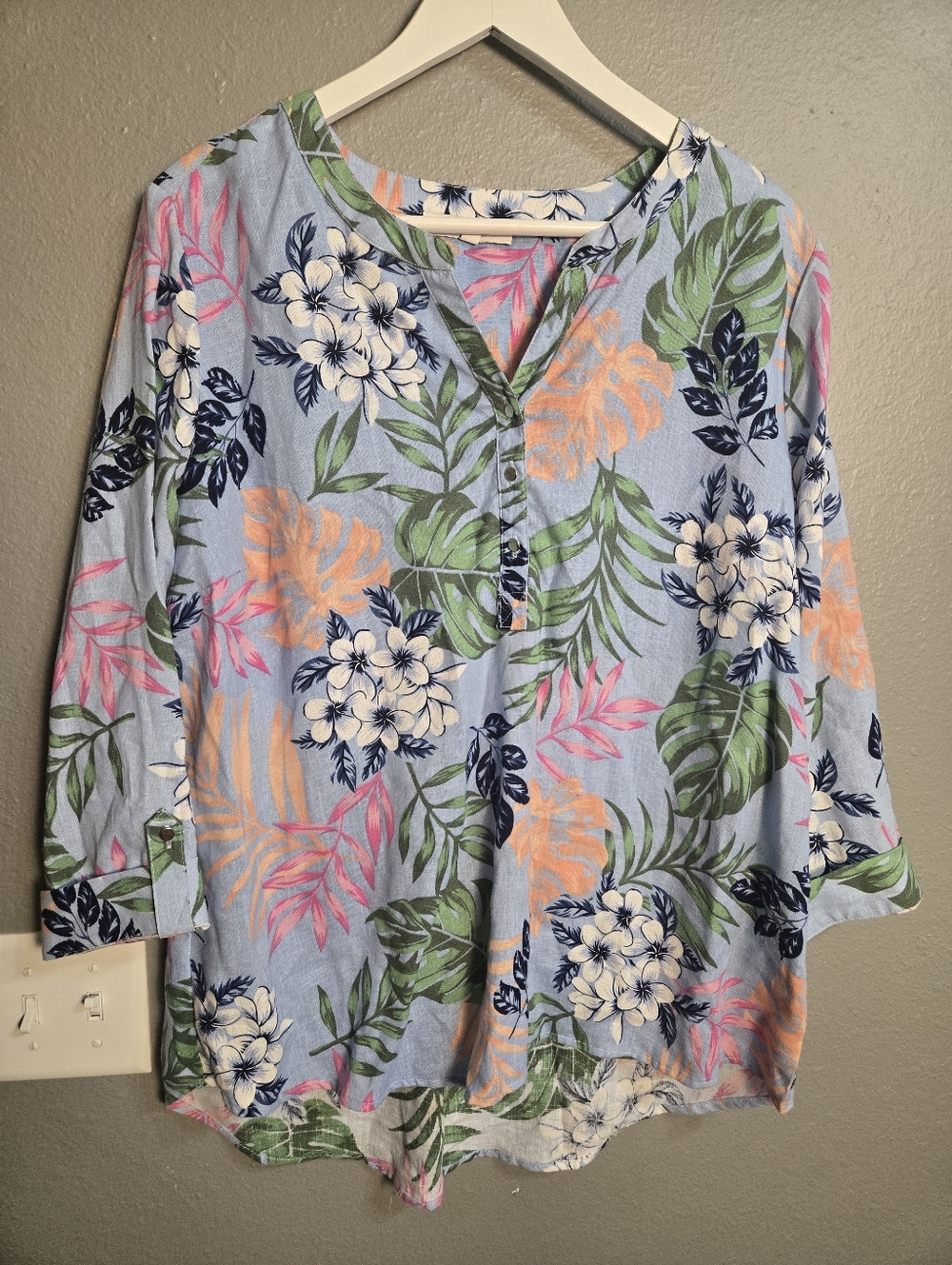 Emily Daniels Tropical Print Linen Blend Blouse 3/4 Sleeve Size XL